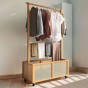Porte-vêtements <span class=keywords><strong>sur</strong></span> roues, porte-vêtements en bambou avec panier de rangement Porte-vêtements autoportant avec rail à vêtements suspendu - Product Image 1