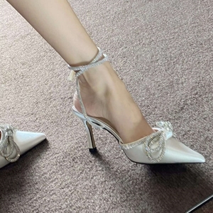 Fashion <strong>Sparkling</strong> White Bow Pointed Toe High Heels with Rhinestone Cross Strap Stiletto French Open-Toe <strong>Sandals</strong> - Product Image 5