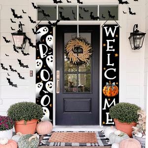 Bannière de porte d'Halloween en tissu Oxford 300D résistant aux intempéries, motif maison hantée effrayante, citrouille, fantôme, squelette, 12x72 pouces - Product Image 1