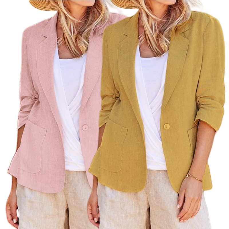 Women's Cotton Linen Blazer Jacket - Casual Lapel Single Button Light Coat