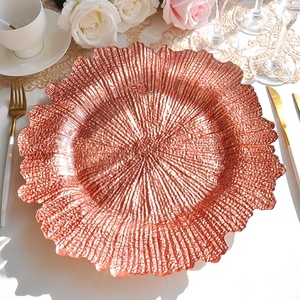 Assiettes de présentation vintage en <span class=keywords><strong>verre</strong></span> or rose irrégulières à motif récif vert émeraude pour événements - Product Image 3