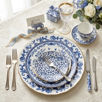 Service de vaisselle créatif en porcelaine bleue et blanche avec bordure dorée, vaisselle en céramique, imprimé floral léopard royal, vaisselle de mariage
