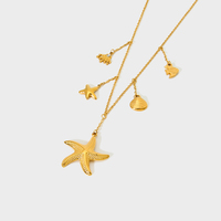Collar de Estrella de la Serie Océano, Joyería Impermeable, Chapado en Oro de 18K, Cadena de Acero Inoxidable con Eslabones de Pez, Colgantes de Concha y Estrella de Mar