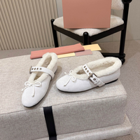 Chaussures plates pour femmes, blanches, doublées de polaire pour l'hiver, style Mary Jane, en daim, avec boucle à nœud, confortables et chaudes, ballerines de haute qualité, chaussures de luxe