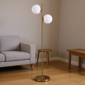 Lampadaire décoratif moderne avec 2 abat-jour en verre blanc, éclairage LED pour salon ou chambre à coucher - Product Image 2