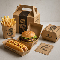 Boîte à emporter en papier kraft, logo personnalisé, revêtement UV, gaufrage, recyclable, jetable, pour restaurants de restauration rapide, hamburgers, hot-dogs, frites