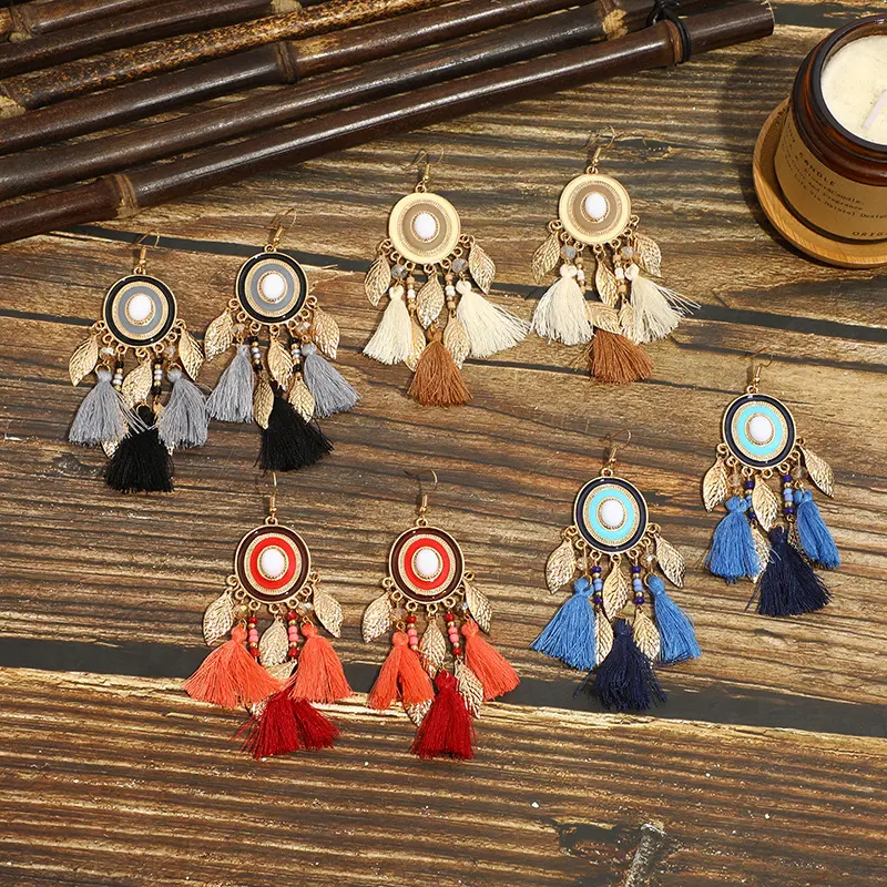 Pendientes colgantes atrapasueños de Color de estilo indio, joyería para mujer, ganchos para pendientes con borlas de felpa étnicos bohemios para la fabricación de joyas