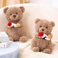 En gros, Peluche ours en fourrure bouclée marron mignon, peluche réconfortante avec bouquet de roses artificielles, cadeau de Saint-Valentin en gros