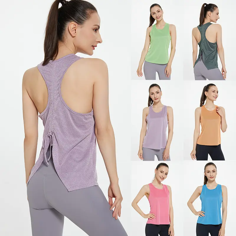 Drawstring back sports top women yoga vest casual loose sleeveless blouse women running fitness