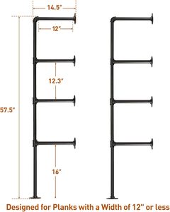 Étagères murales industrielles en tuyaux de fer à 4 niveaux, 57,5 po x 12 po, hauteur réglable, DIY, noires, ouvertes, pour salle de bain, garage, style ferme - Product Image 3