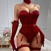 Bodysuit Korset Satin Merah Anggur Mewah Tanpa Tali dengan Sabuk Garter, Sarung Tangan Panjang, Choker Cincin O, Set Lingerie Seksi Wanita