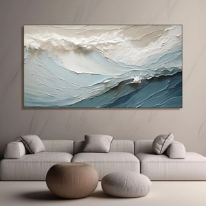 Grande peinture murale abstraite 3D bleue personnalisée, texture plâtre, plage, moderne, encadrée, peinture à l'huile pour la maison et la galerie - Product Image 4