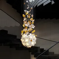 Lustre européen de luxe en cuivre et cristal avec un design de fleurs flottantes pour escalier, loft, plafond, ampoules LED