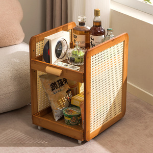 Mini Wooden Side Table With <b>Wheels</b> Storage Shelf Living Room Coffee Table Bedside Cabinet Movable Multi Functional Organizer - Product Image 2