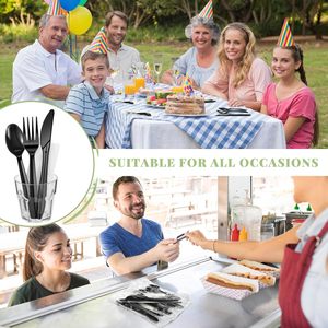 طقم منديل وشوكة سكين سوداء ملفوفة بشكل فردي أواني بلاستيكية - Product Image 4