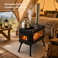 Poêle à bois de camping avec revêtement noir, pliable, avec supports latéraux, grande fenêtre en verre pour une utilisation en extérieur