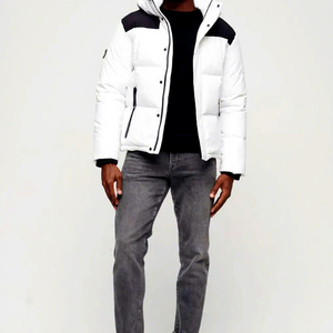 Men's <b>White</b> Hooded Puffer Jacket Windproof Casual <b>Winter</b> <b>Coat</b> Regular Fit Polyester Filling Zipper Closure Solid Color - Product Image 1