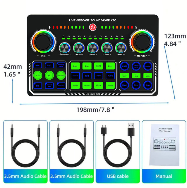 X50 Live Streaming Sound Card English Version Mixer Supports Computer and Mobile Phone Recording Singing and Microphones