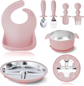 Ensemble d'alimentation pour bébé en silicone portable, motif dessin animé classique personnalisé, sans BPA, non toxique, avec pièces détachables en acier inoxydable, vente en gros - Product Image 1