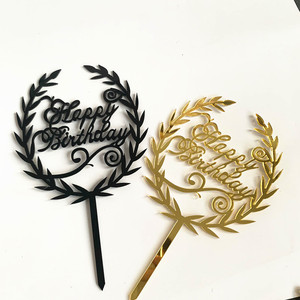ท็อปเปอร์เค้กอะคริลิค ลายใบไม้ สีดำ ทอง ชมพู ฟ้า เงิน สำหรับตกแต่งเค้กในงานวันเกิด พร้อมข้อความสุขสันต์วันเกิด - Product Image 2