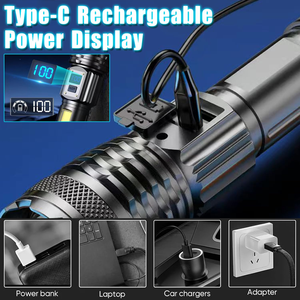 Linterna LED Súper Brillante de 50W al por Mayor, Recargable por USB, con Zoom, Linterna Táctica de Emergencia para Camping, Lámpara de Aluminio - Product Image 6