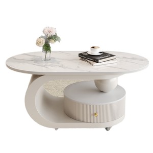 Wan Yusen Marble Coffee <b>Table</b> Oval White Movable Storage Living Room <b>Sofa</b> Side <b>Table</b> - Product Image 5
