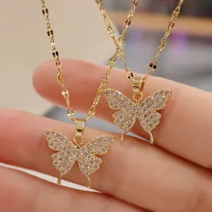 Discount Shiny Butterfly Necklace Exquisite Golden Crystal Pendant Collar Chain Necklace Ladies Wedding Party Bling Jewelry Gift