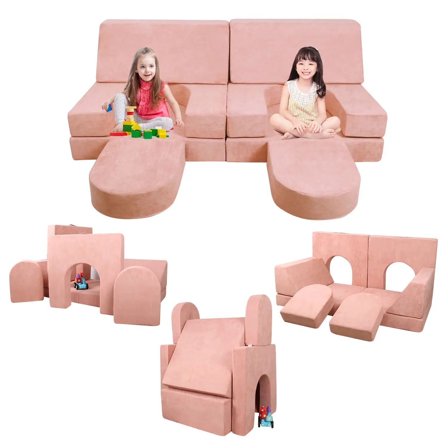 Sofa lipat keluar merah muda kustomisasi warna Set Sofa bermain busa pembagi bersinar balita Sofa spons anak