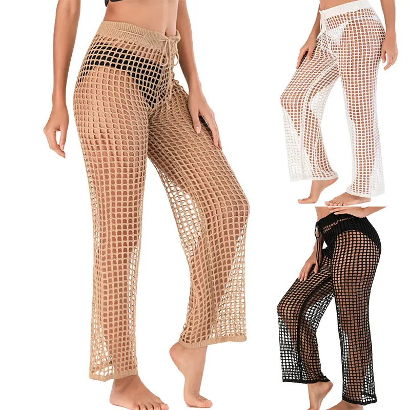 Pantalon de plage transparent pour femmes, style Boho, jambes larges, taille haute, Long, ample, maille, Crochet ajouré, nouvelle collection