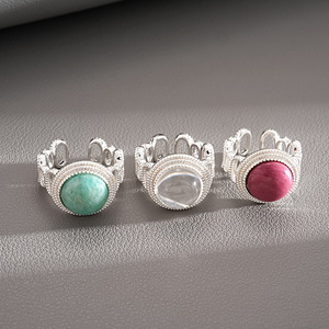 Boho Natural Stone Statement <b>Ring</b> <b>Silver</b> Plated Double Bezel Hollow <b>Adjustable</b> Open Band Retro Index Finger <b>Ring</b> - Product Image 4