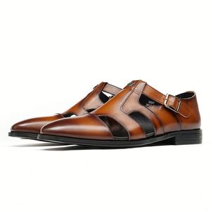 Sandales en cuir véritable pour homme à bride en T, bout pointu, boucle, classiques, noires unies, respirantes, toutes saisons - Product Image 3