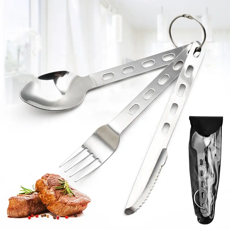 Servizio da tavola da esterno in acciaio inox da campeggio set 3 pezzi, coltello, forchetta, cucchiaio, facile da pulire e uso sostenibile