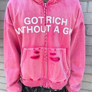 Sweat à capuche surdimensionné en coton French Terry avec impression vintage délavée à l'acide, poche, effet usé, fermeture éclair, style streetwear - Product Image 1