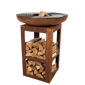 Barbecue rond en acier Corten avec base de stockage de bois de chauffage pour la cuisine en plein air - Product Image 1