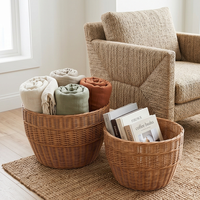 Panier de rangement rond en rotin tressé à la main, panier à linge rustique en osier et corbeille décorative pour le salon