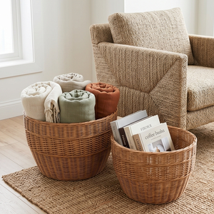 Handwoven Round Rattan Storage <b>Basket</b>, Rustic <b>Wicker</b> <b>Laundry</b> Hamper and Decorative Waste <b>Basket</b> for Living Room - Product Image 6