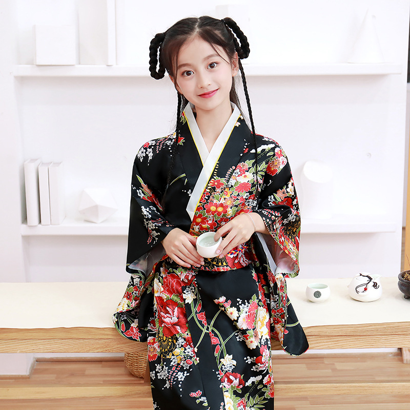 CRFASIBE Kinder Kimono, Japanse Traditionele Meisjes Yukata Robe, Carnival Kostuum Set met Accessoires, Kinder Culturele Festivals Jurk(Blauw, 130