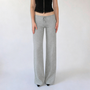 Casual Polka Dot Knit Pants for Women <b>Drawstring</b> Waist Loose Fit Comfy Lounge <b>Trousers</b> - Product Image 1