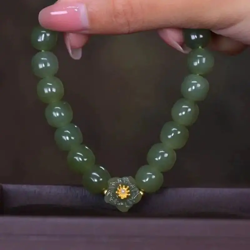 Natural Green Jade Bracelet Peach Flower Pendant Stretch Beaded Elegant Women Healing Imitation Jade Bracelet Light Luxury Gift