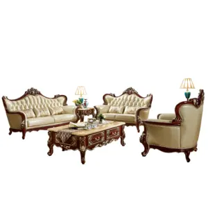 Top-ranking di stile di lusso royal divano in legno massello set migliore elegante in pelle bianca divano set