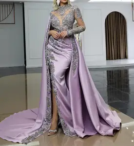 Tối Màu Đỏ Tím Cộng Với Kích Thước Evening Dresses Sheer Jewel Cổ Đính Cườm Dài Tay Áo Nàng Tiên Cá Prom Dress