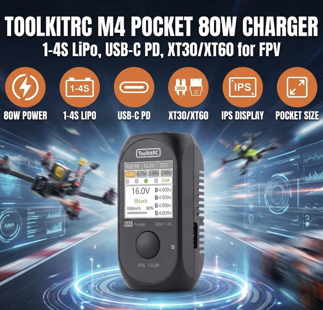 ToolkitRC M4 Pocket 80W Mini Balance Charger 1-4S LiPo Battery USB-C PD Input Portable XT30 XT60 Output for FPV Drone