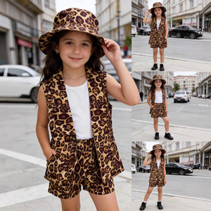 Bộ đồ bốn món mùa xuân hè cho bé gái: Áo gile không tay họa tiết da báo, quần đùi, mũ - Product Image 2