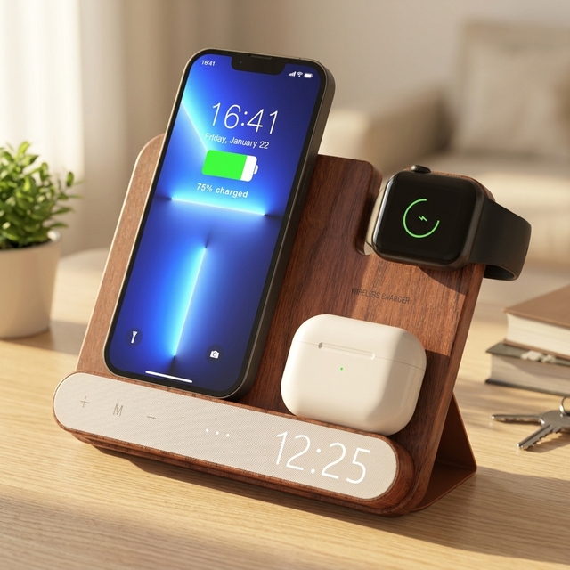 Hot Seller Walnut Wood iphone Iwatch 15W Fast Wood Wireless Charger 4 in 1 Wireless Docking Station With Digital Clock