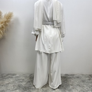 2335+9003# Premium <b>White</b> Nida With Lining <b>2</b> <b>Piece</b> <b>Set</b> Turkish Suits Abaya Dress Muslim Women Blouse Top Loose Pant With Pockets - Product Image 4