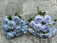 Pemasok bunga buatan pernikahan grosir 11 Fork buket Hydrangea mawar biru