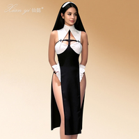 Kostum Biarawati Seksi Pakaian Dalam Wanita Gaun Berkerudung Berdetail Renda untuk Permainan Peran Cosplay Pesta Halloween