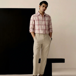 Camisa Casual a Cuadros Rosa para Hombre, Manga Larga, Cuello Camisero, Doble Botonadura, Lino y Algodón, Transpirable, para Verano - Product Image 1