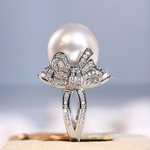T0568 Women's Cocktail <b>Ring</b> Freshwater <b>Pearl</b> Bowknot Pave Setting Round Brilliant Cut Wedding Fine Jewelry - Product Image 6