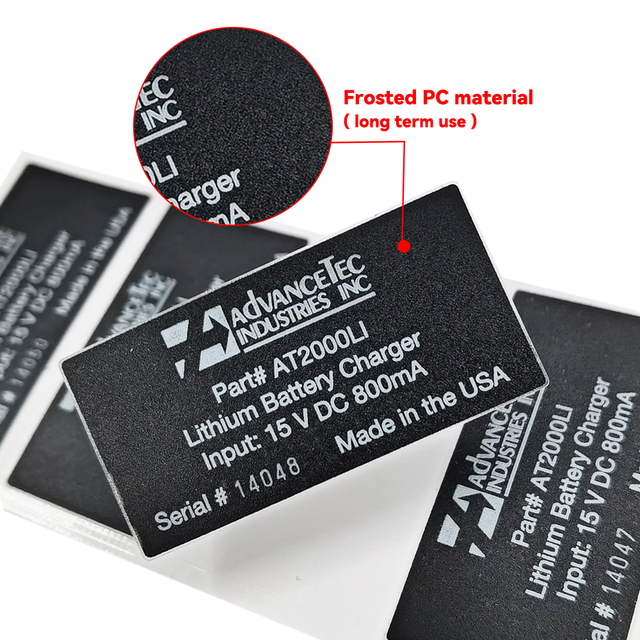 High Quality Custom Frosted PC Plastic Industrial Label Black Matte UV Resistant Waterproof Eco-Friendly Lithium Battery Charger